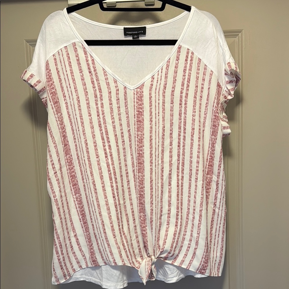 White and Pink Tie Front Short Sleeve Blouse